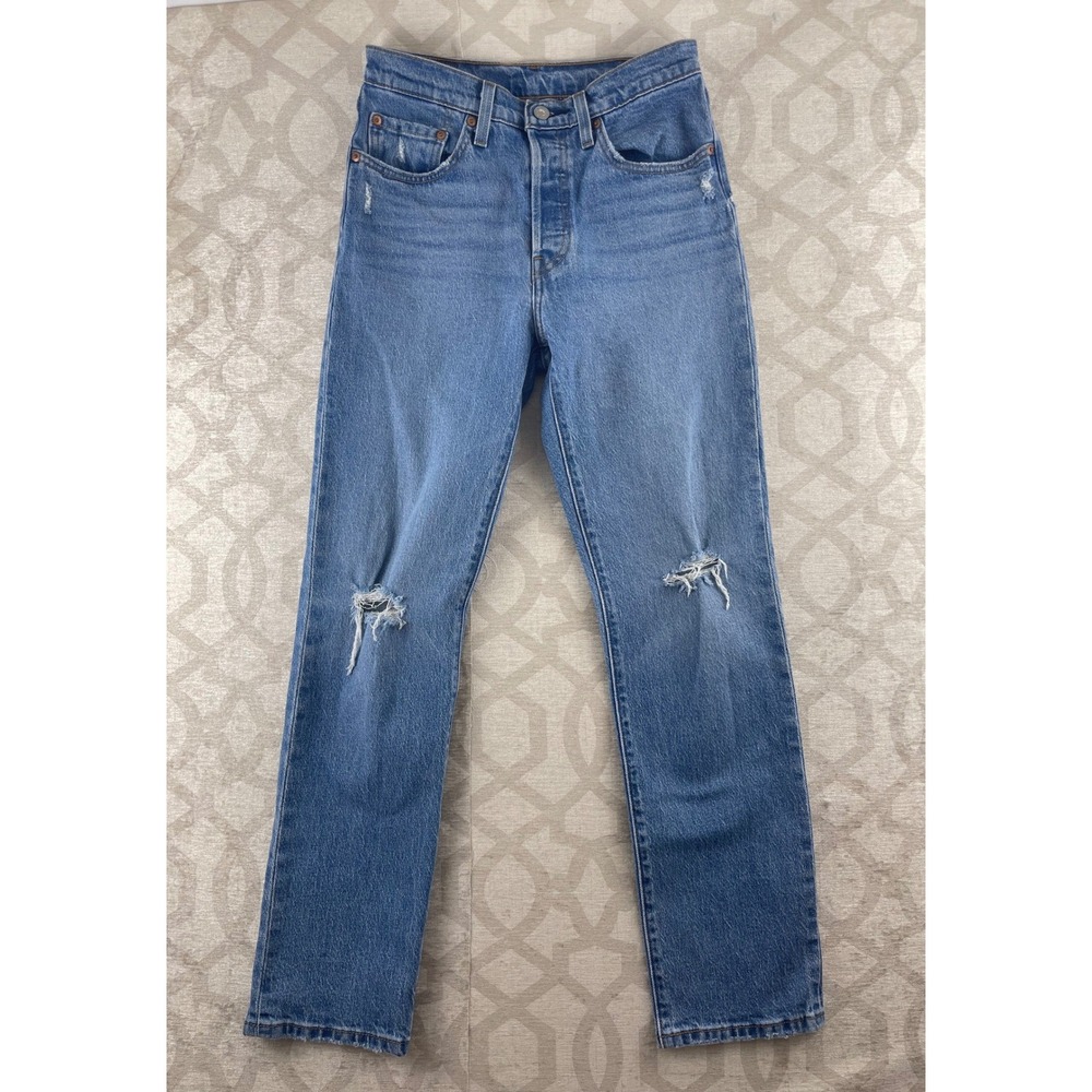 Levi's 501 Original Women 26 Distressed Straight Blue Jeans Button Fly High Rise